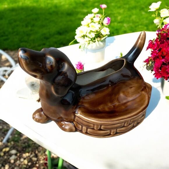 Whimsical Dachshund Planter & Trinket Dish Retro Dog Décor Dog Lover Gift - Picture 1 of 9